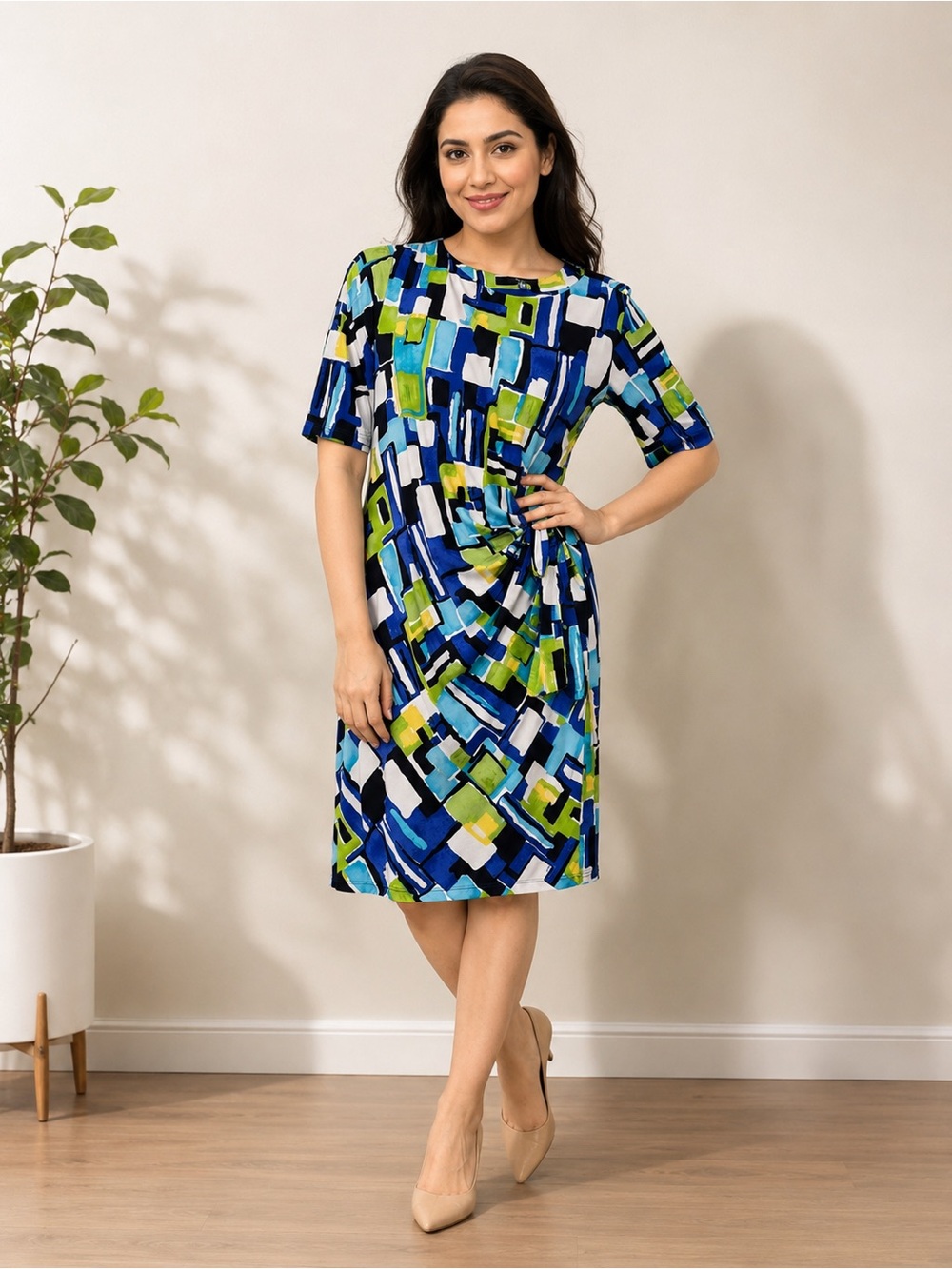 Kiara Abstract Blue Green Geometric Tie Waist Dress Size L